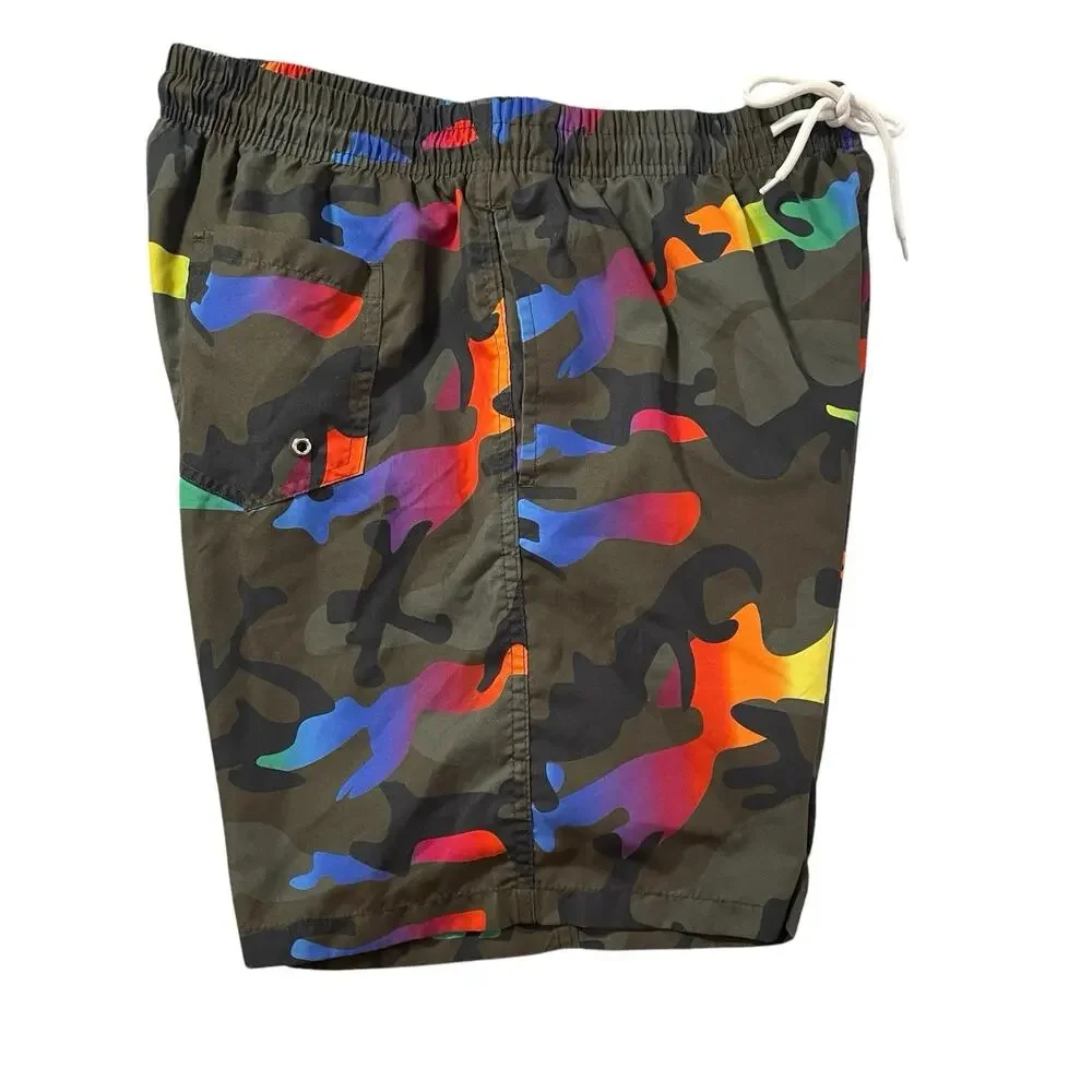 Men's‎ Rainbow Camo Swim Trunks Size Small Mesh Brief Lining Drawstring Elastic